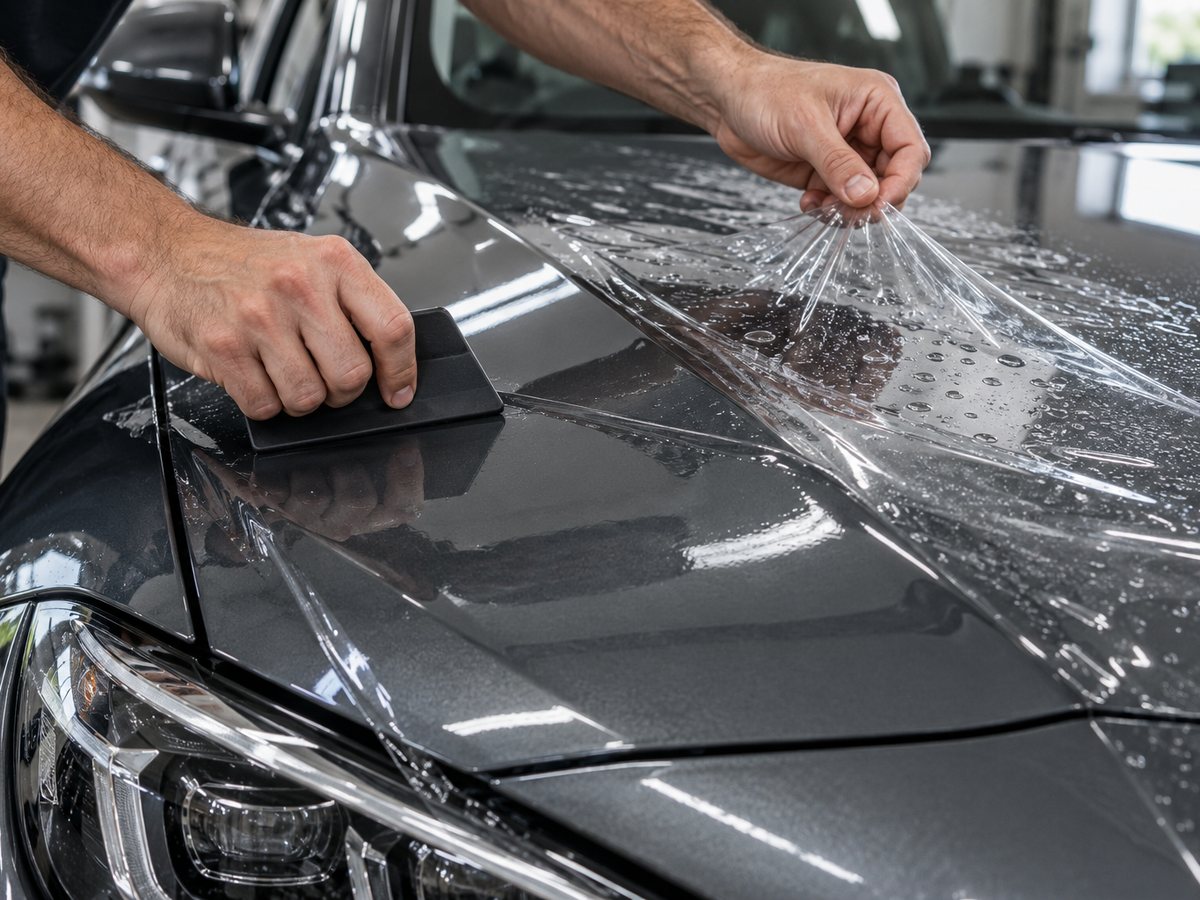 Aplicação de PPF transparente no capô de um carro